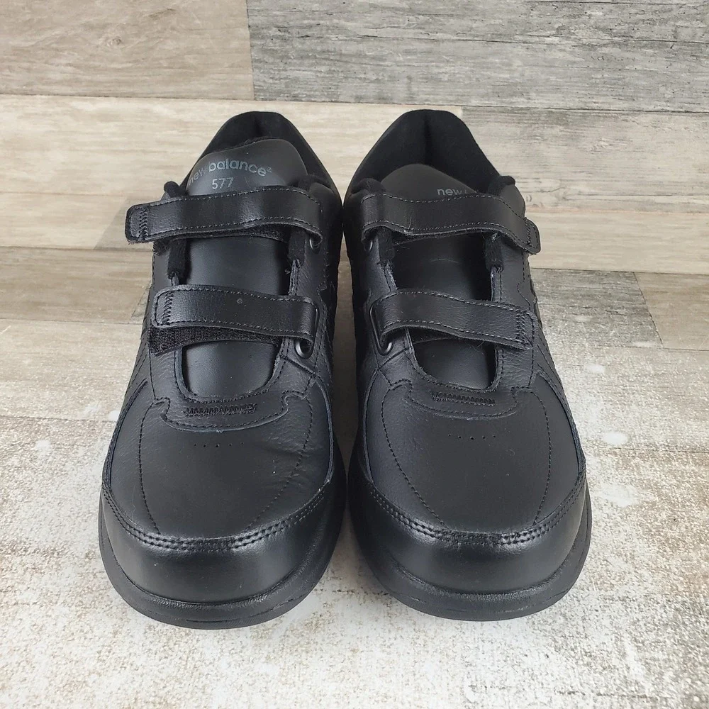 New Balance 577 Shoes Mens‎ Sz 10.5 2A Black Leather Hook & Loop Sneakers